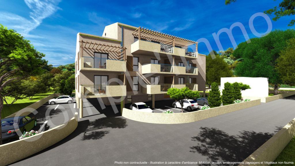 perspective en 3D de la résidence Plaisance à saint-florent, avec ciel bleu, et végétation luxuriante